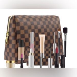 Cosmetic Bag Leather Large Checkered 2 Pack Large Capacity Travel Cosmetic Bag